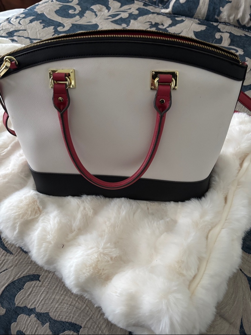 Anne Klein White Satchel with Black Base and Pink Handles
